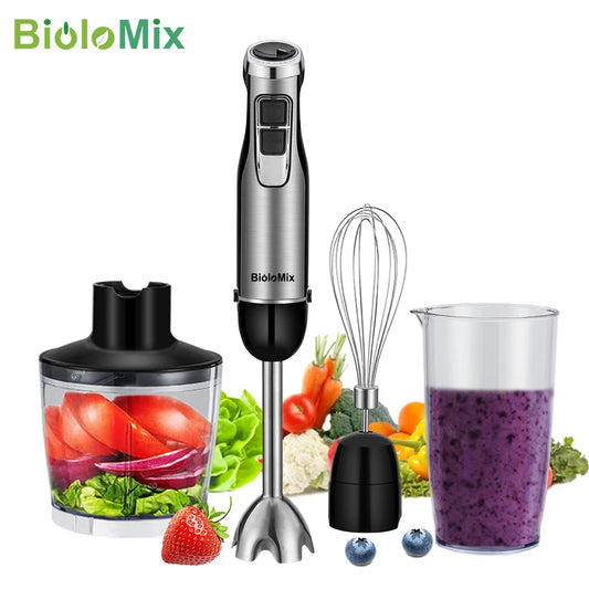 BioloMix Batidora de mano de inmersión de alta potencia 4 en 1 de 1200 W, incluye picadora y vaso para batidos, cuchillas para hielo de acero inoxidable