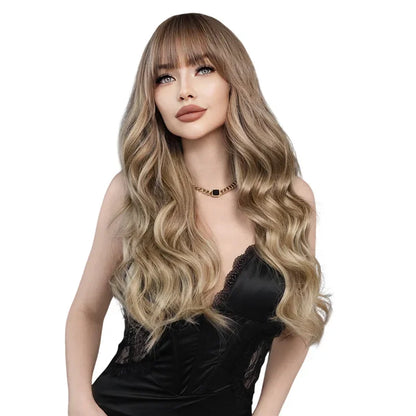 Synthetic Light Brown Long Wavy Wigs with Bangs for Women