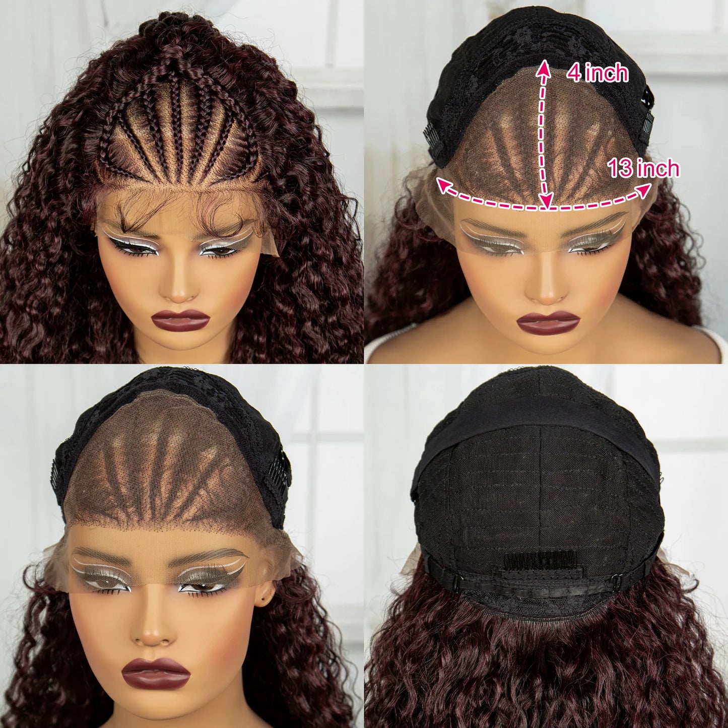 Burgundy Knotless Synthetic Lace Front Braids Wig Curly Hair with Baby Hair