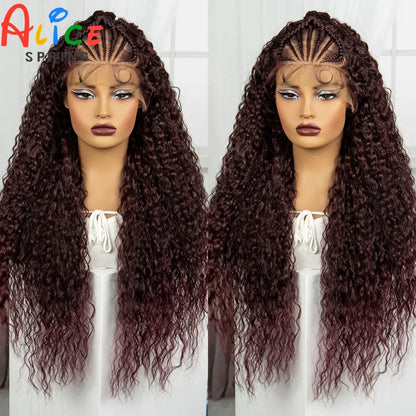 Burgundy Knotless Synthetic Lace Front Braids Wig Curly Hair with Baby Hair