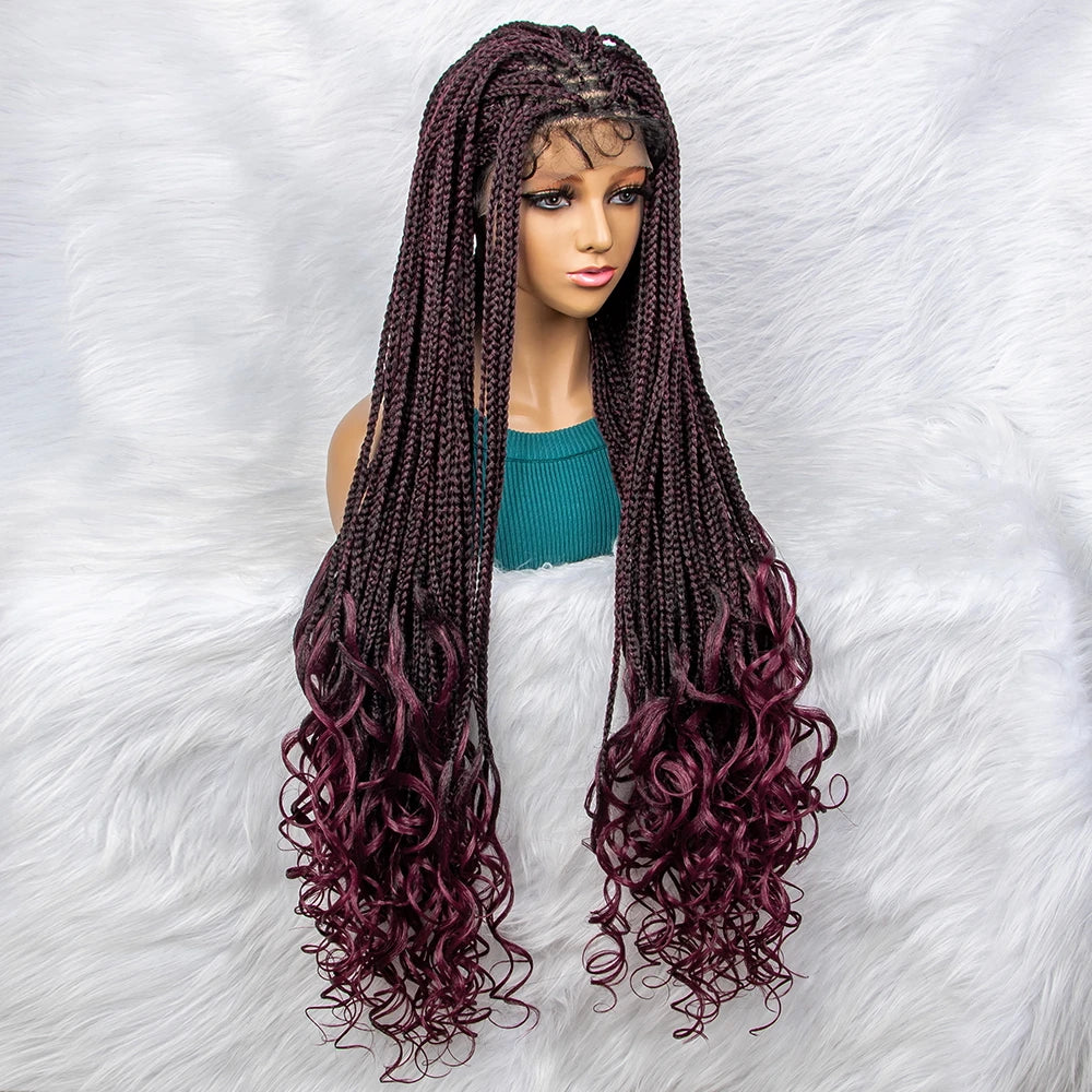 36 inch Burgundy 99J Color Synthetic Lace Front Wig Braided Wigs With Baby Hair Braided Lace Front Wigs Water Wave Wavy Wigs