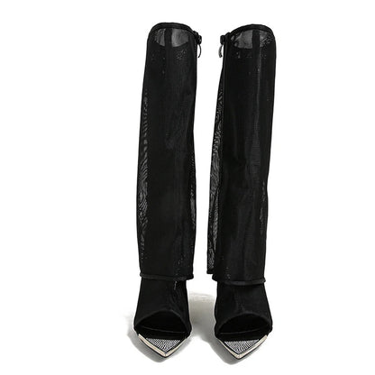 Liyke Sexy Metal Pointed Toe Black Mesh Knee High Boots