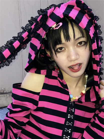 Striped Print Goth Grunge Hoodie