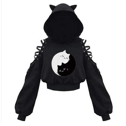 Cat Ears Long Sleeve Hoodies Hollow Out Cold Shoulder Lace-Up Loose Crop Top Harajuku Graphic  Drawstring