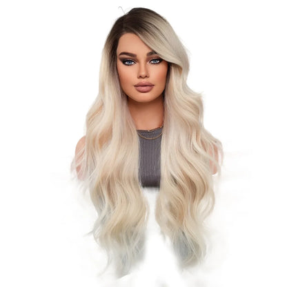 Long Wavy Light Brown To Blonde Platinum Middle for Women's Part Hair Wig Heat Resistant