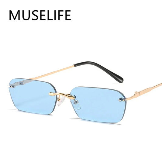 MUSELIFE Rimless Rectangle Sunglasses Women UV400 Driving Sun Glasses Men Clear Color Summer Accessories Square Small Size