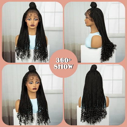 26 inches Synthetic Lace Front Updo Braided Wigs With Curly Ends 13x4 Cornrow Braiding Hair Wigs with Baby Hair for Black Women