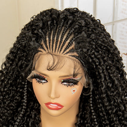 Synthetic Curly with Braids Wig 13x4 Lace Frontal Cornrow Braided Wigs with Baby Hair 28 Inches Wave Hair Wig