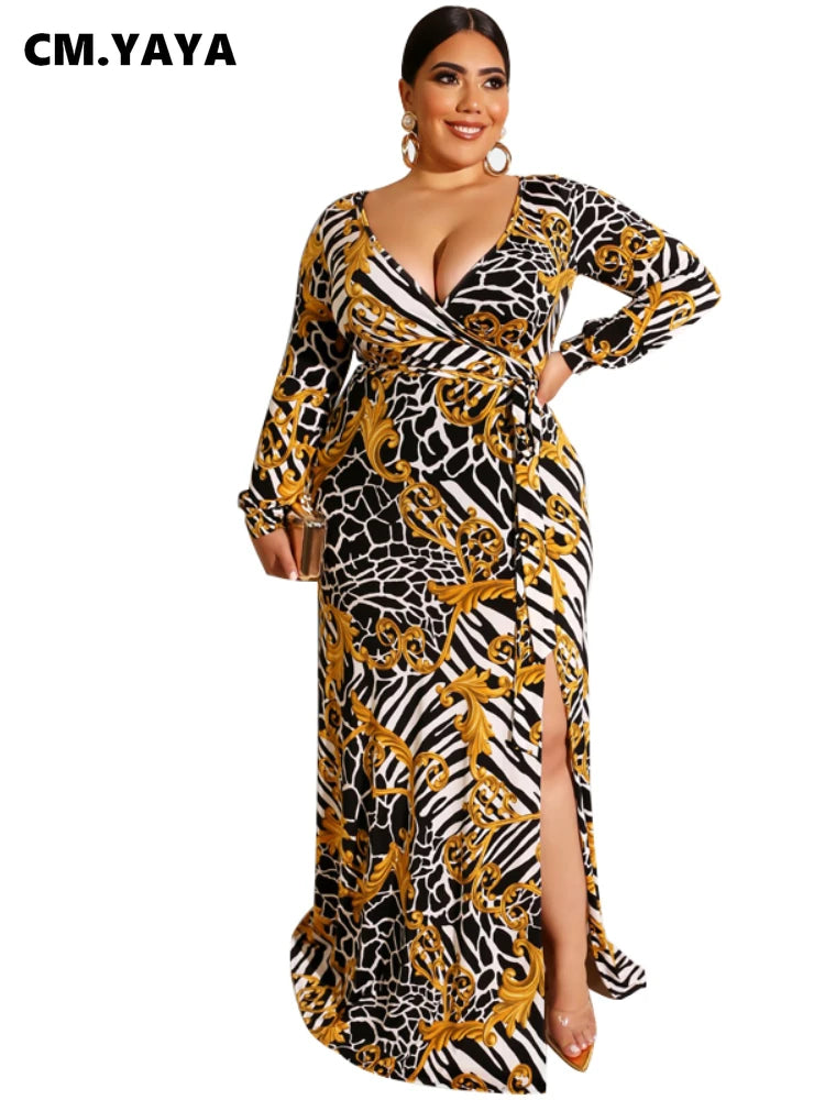 CMYAYA Plus size XL-5XL  Print Sashes Long Maxi dress