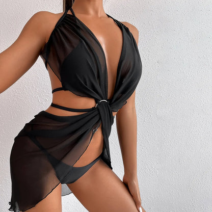 Nuevo traje de baño bikini negro de malla de 3 piezas.