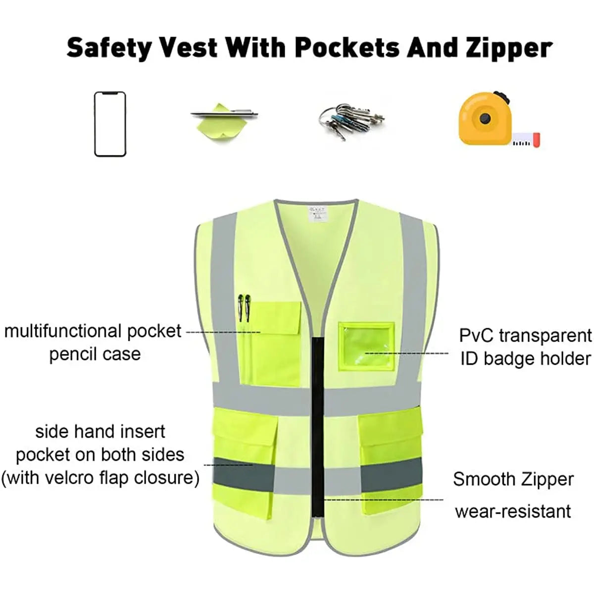 Safety Vest, High Visibility Reflective vest with Pockets and Zipper, Safety Vest for Men Meets ANSI/ISEA Standards