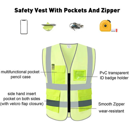 Safety Vest, High Visibility Reflective vest with Pockets and Zipper, Safety Vest for Men Meets ANSI/ISEA Standards