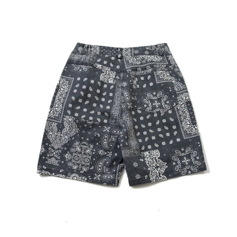 Men's Water Washed Carbon Gray Cashew Flower Loose Casual Five Piece Pants Beach Shorts Trend