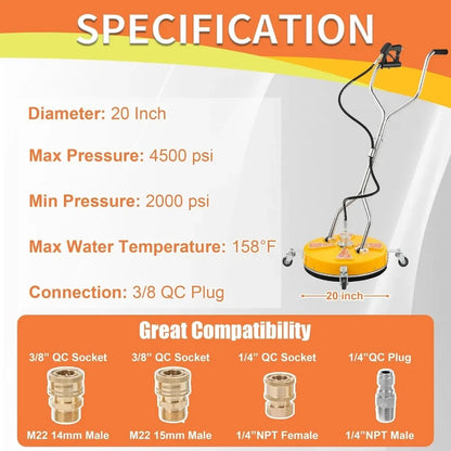 20" Pressure Washer Surface Cleaner Dual Handle,Power Washer Surface Cleaner Attachment with 4 Wheels,