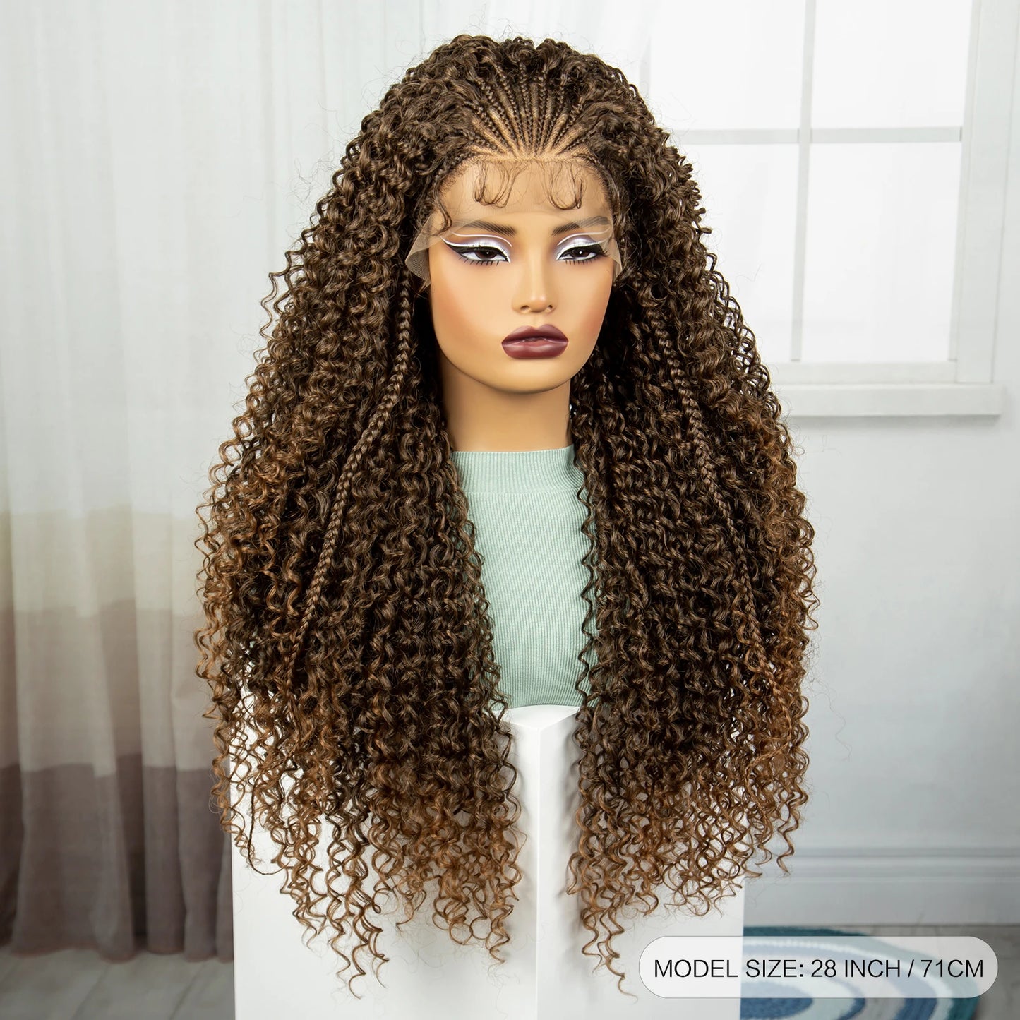 28 Inch 1B-30 Color Ombre Synthetic Braided Wigs Lace Braided Wigs Curly Knotless Box Braids Wigs with Baby Hair for Black Woman