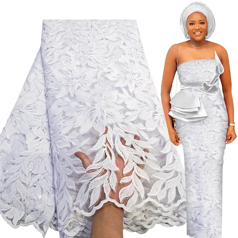 Bestway New White African Lace Fabric High Quality Nigerian Wedding Dress Sequin Embroidery French Tulle Lace Fabric 2.5 Yards