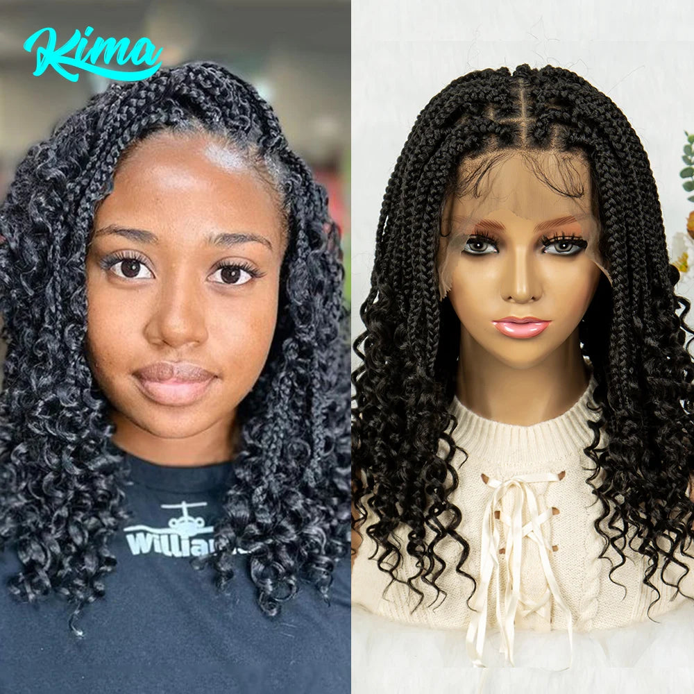 Kima Short Synthetic Box Braided Wigs Full Lace Wig Top Cornrow Braided with Curly End for Black Women