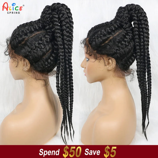 Baby Hair Colorful Cornrow High Ponytail Braided Lace Wigs for Black Wo22inches Synthetic Lace Frontal Braided Wigs with men