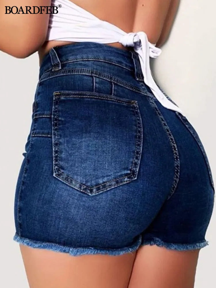 Broken Denim Shorts High Waist Stretch