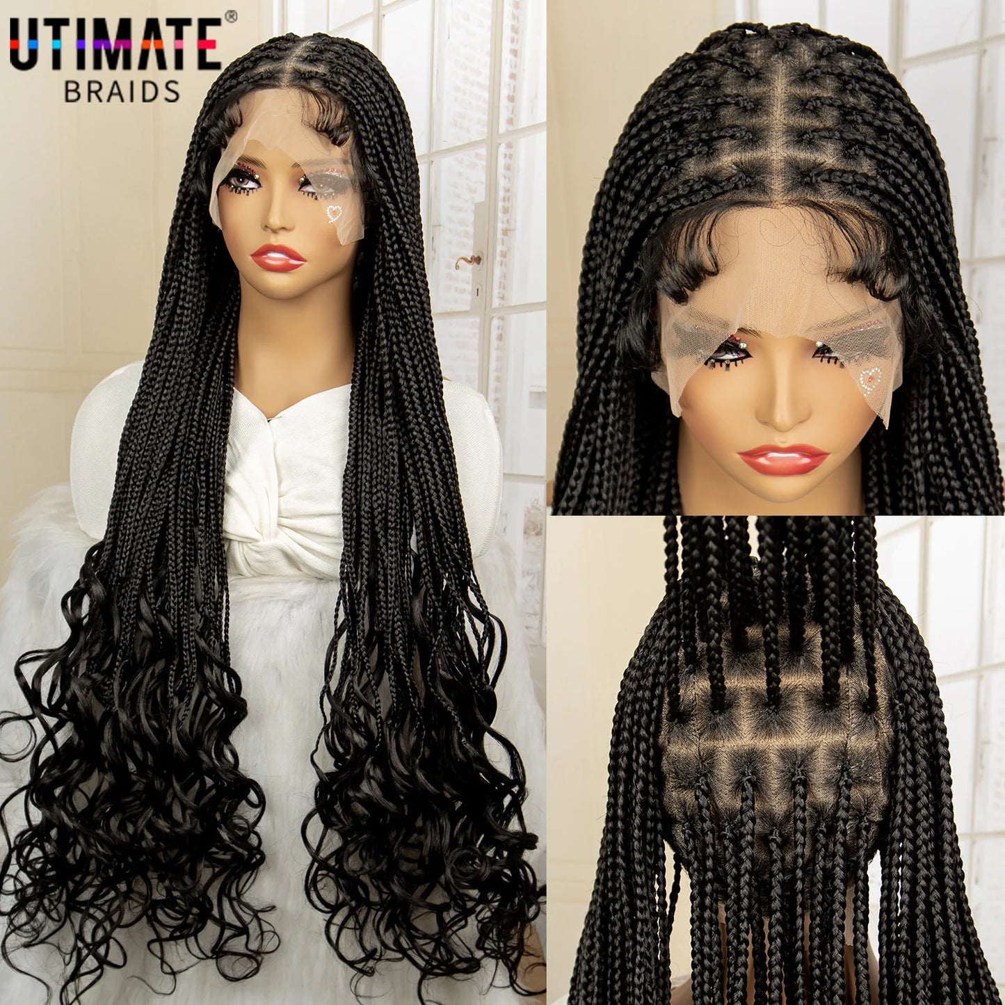 Synthetic Transparent Full Lace Knotless Box Braided Wigs with Curly Ends 36 Inches