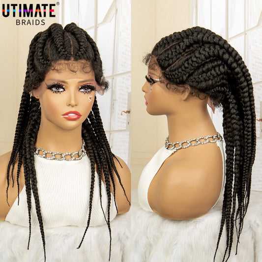 Synthetic Ponytail Braided Wigs Lace Frontal 24 Inches African Knotless Twist Braids  with Baby Hair