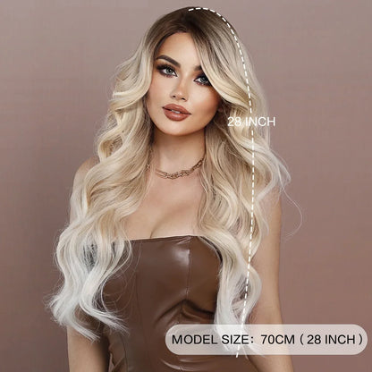 Long Wavy Light Brown To Blonde Platinum Middle for Women's Part Hair Wig Heat Resistant