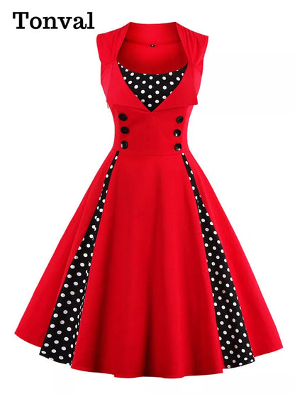 Tonval Elegant Polka Dot Sleeveless Pinup Vintage Retro Dress Women Button High Waist Summer Party 4XL 5XL Cotton Dresses