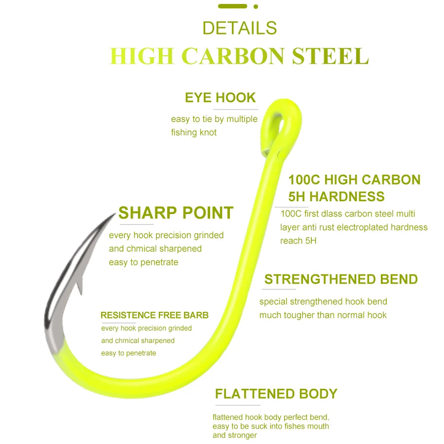 FTK 50PCS Sharp High-carbon Steel Fishhooks Barbed Fluorescent Fishing Durable Hook Fish Gear Fighting Hook With Eye for Carp