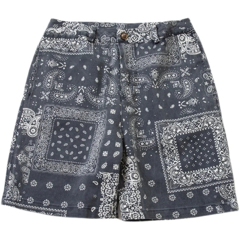 Men's Water Washed Carbon Gray Cashew Flower Loose Casual Five Piece Pants Beach Shorts Trend