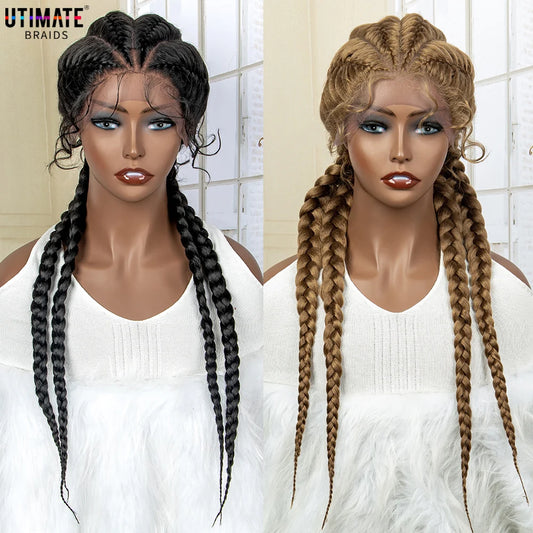 26 Inches Short Braids Lace Frontal Wig Synthetic 4 Braid Wig with Baby Hair