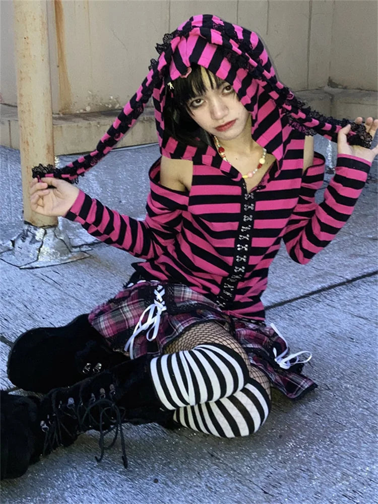 Striped Print Goth Grunge Hoodie