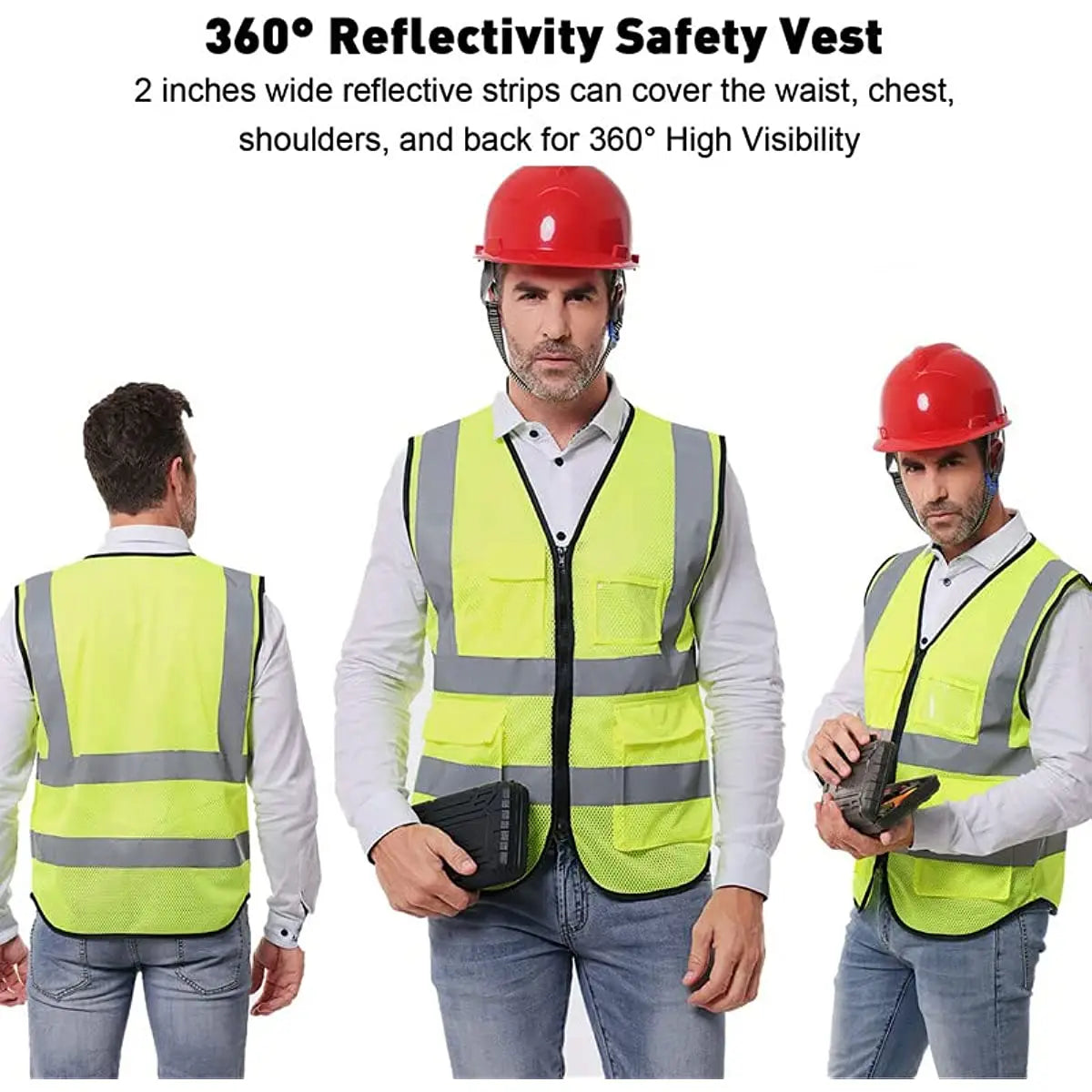 Safety Vest, High Visibility Reflective vest with Pockets and Zipper, Safety Vest for Men Meets ANSI/ISEA Standards