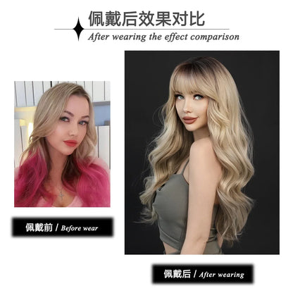 26“Long Ombre Brown Blonde Straight Synthetic Wig with Bangs Cosplay Wig High Temperature