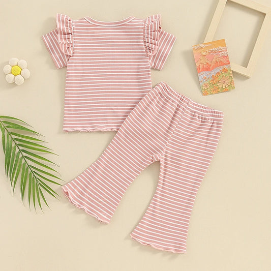 Ribbed Clothes Ruffle Stripe Short Sleeve Shirt Top and Pants Cozy 2 piece  Outfit Set