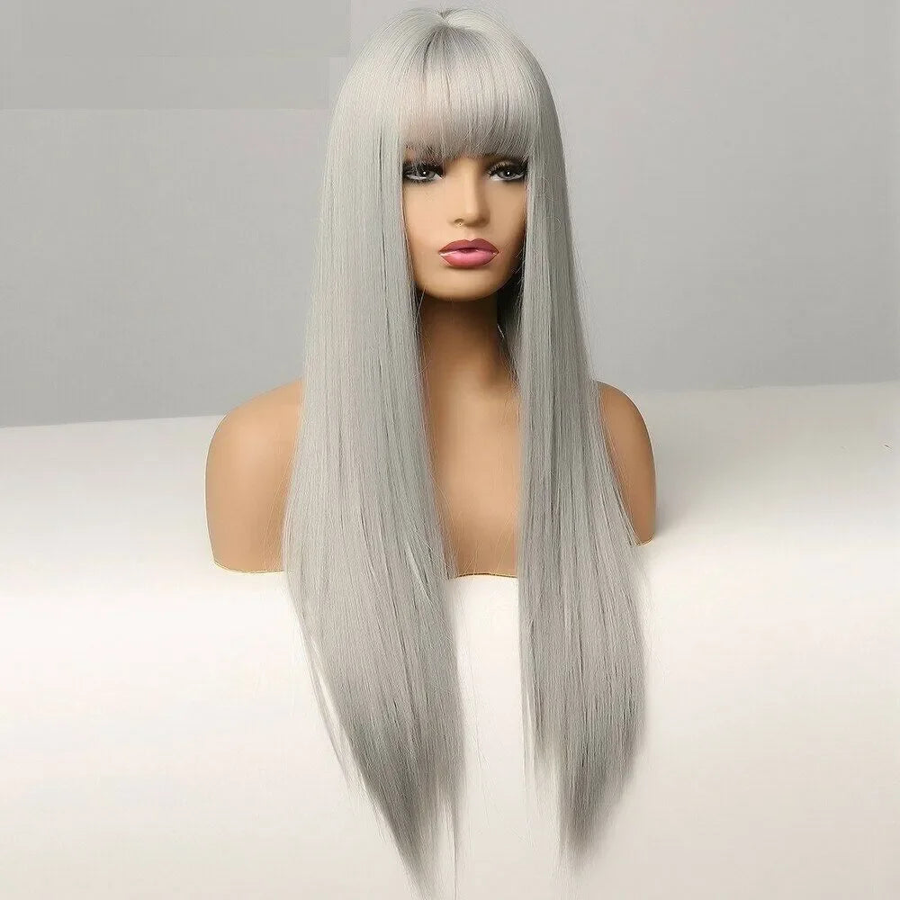 Long Silky Gray Straight Wig Synthetic Bangs Heat Resistant Women Daily Party Hair