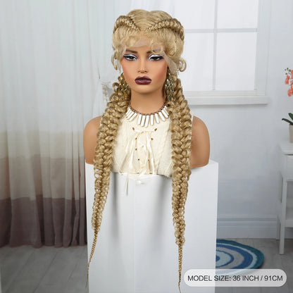 36 Inch Synthetic Lace Braided Wig Blonde Twisted Braids Wigs Transparent Lace Front Braided Wigs for Black Women with Baby Hair