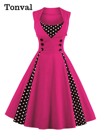 Tonval Elegant Polka Dot Sleeveless Pinup Vintage Retro Dress Women Button High Waist Summer Party 4XL 5XL Cotton Dresses