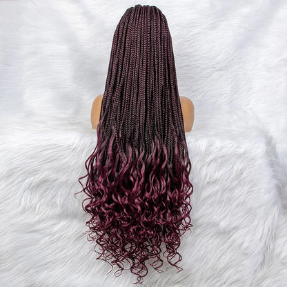 36 inch Burgundy 99J Color Synthetic Lace Front Wig Braided Wigs With Baby Hair Braided Lace Front Wigs Water Wave Wavy Wigs