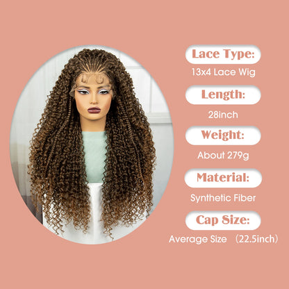 28 Inch 1B-30 Color Ombre Synthetic Braided Wigs Lace Braided Wigs Curly Knotless Box Braids Wigs with Baby Hair for Black Woman