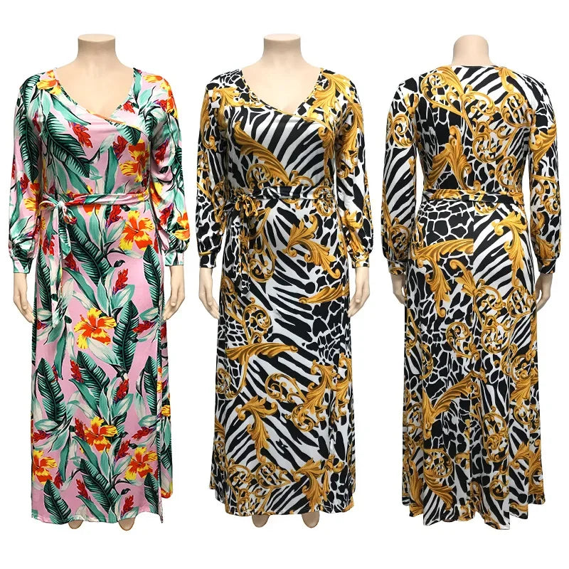 CMYAYA Plus size XL-5XL  Print Sashes Long Maxi dress