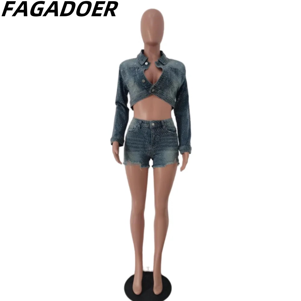 FAGADOER Retro FRhinestone Denim Dos piezas