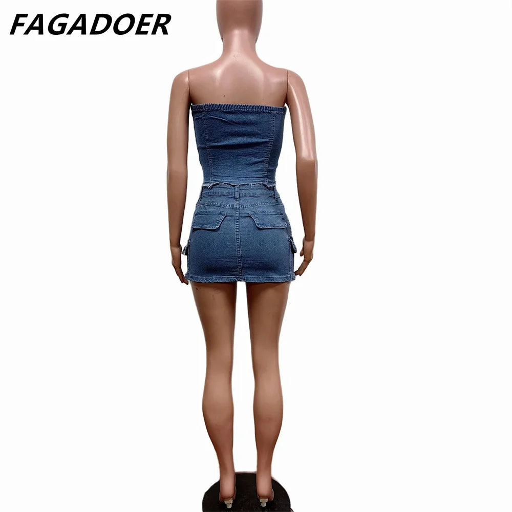 FAGADOER Azul Moda Denim Dos Piezas