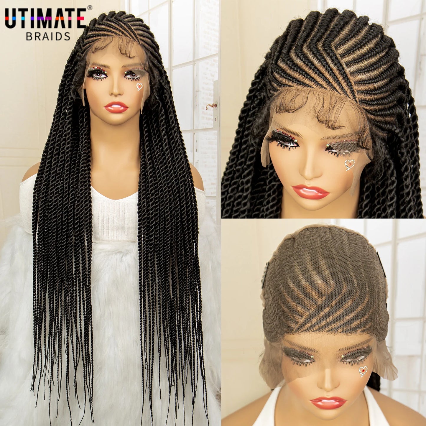 Synthetic Full Lace Wig 32 Inches Handmade Cornrow Knotless Box Braided Wigs with Baby Hair Twist