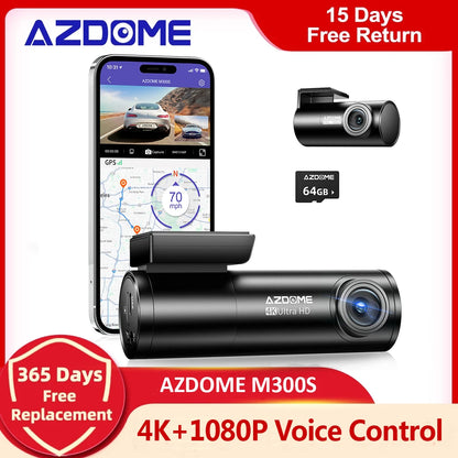 Grabadoras de coche AZDOME M300S 4K + 1080P cámara trasera (64G TF gratis) lente de 800MP GPS Wifi coche DVR Control de voz cámara de salpicadero visión nocturna