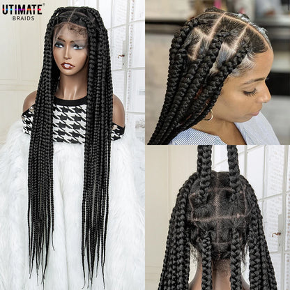 Full Lace Cornrow Braids Synthetic Lace Front Wig Big Square Knotless Box Braids Wig with Baby Hair Braided Wigs for Black Women