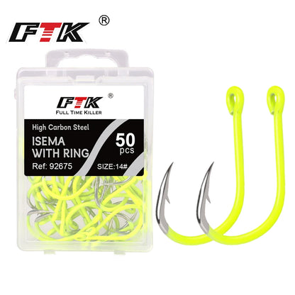 FTK 50PCS Sharp High-carbon Steel Fishhooks Barbed Fluorescent Fishing Durable Hook Fish Gear Fighting Hook With Eye for Carp