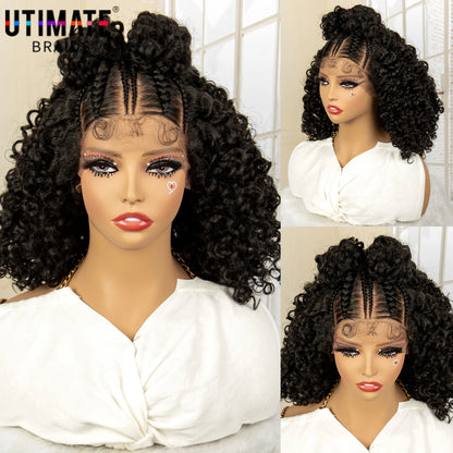 13X4 Lace Frontal Synthetic Braided Wig with Baby Hair 16inches Afro Curly Bob