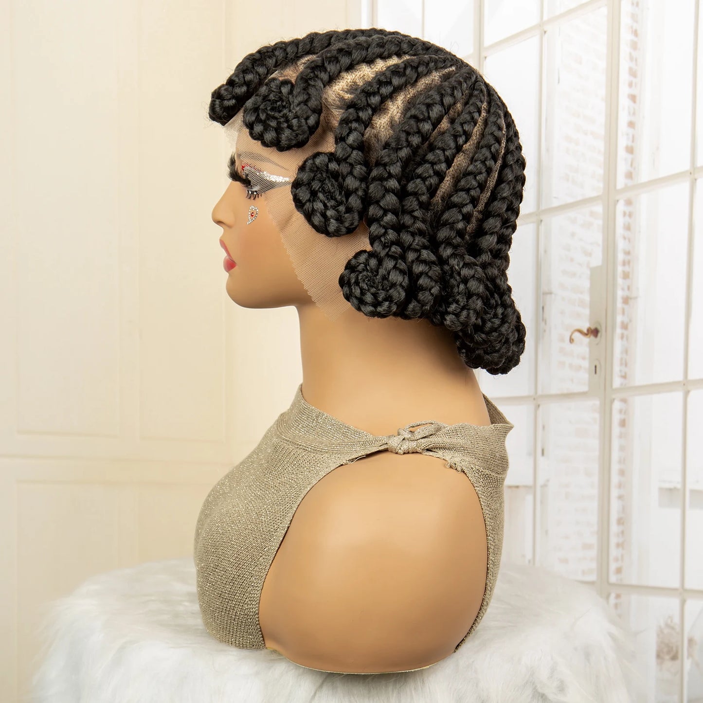 Cornrow Braided Wigs Synthetic Afro Bantu Braids with Baby Hair 8 Inches Full Lace Knotless Braiding Wig