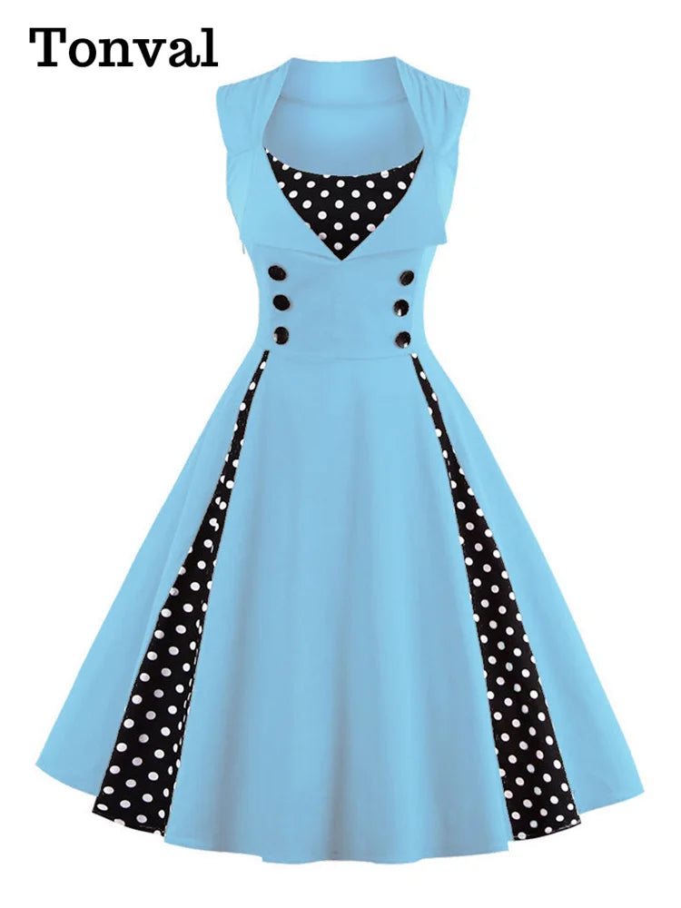 Tonval Elegant Polka Dot Sleeveless Pinup Vintage Retro Dress Women Button High Waist Summer Party 4XL 5XL Cotton Dresses