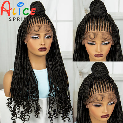 26 inches Synthetic Lace Front Updo Braided Wigs With Curly Ends 13x4 Cornrow Braiding Hair Wigs with Baby Hair for Black Women